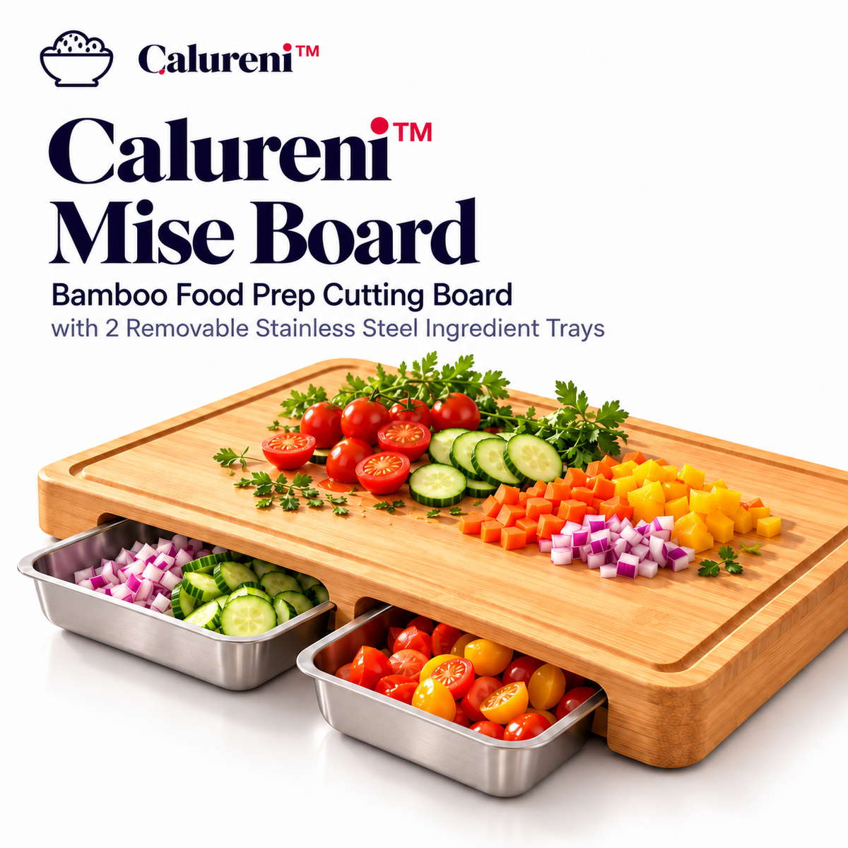 Calureni™ Mise Board – Bamboo Food Prep Cutting Board with 2 Removable Stainless Steel Ingredient Trays for Chopping & Meal Assembly