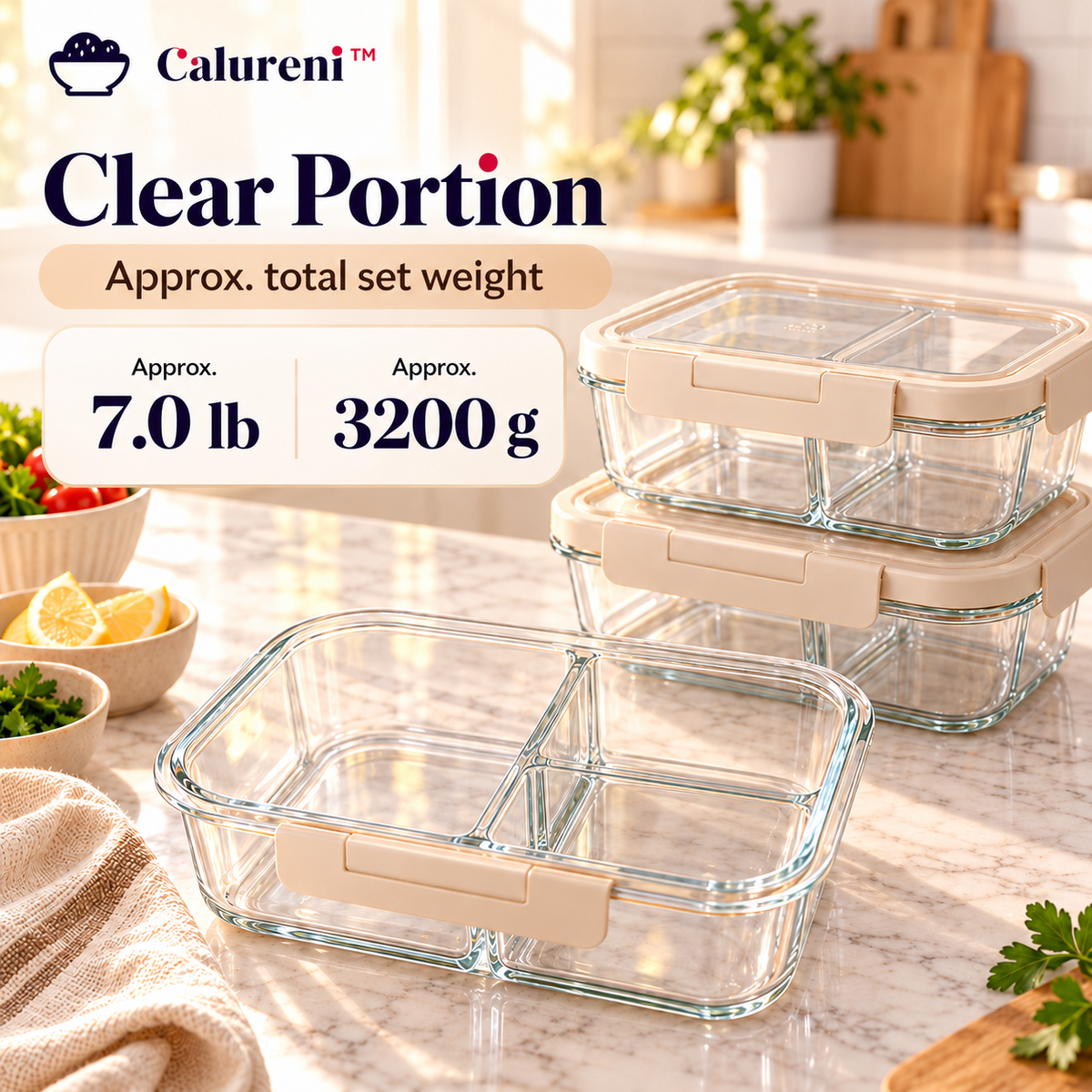 Calureni™ Clear Portion – 3-Pack Divided Glass Meal Prep Containers with Lids for Portioning, Weekly Lunches & Food Storage