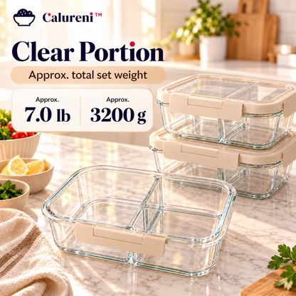 Calureni™ Clear Portion – 3-Pack Divided Glass Meal Prep Containers with Lids for Portioning, Weekly Lunches & Food Storage
