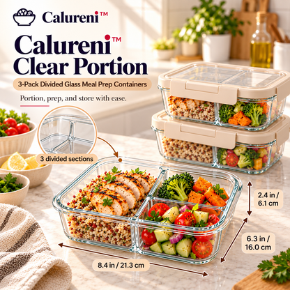 Calureni™ Clear Portion – 3-Pack Divided Glass Meal Prep Containers with Lids for Portioning, Weekly Lunches & Food Storage