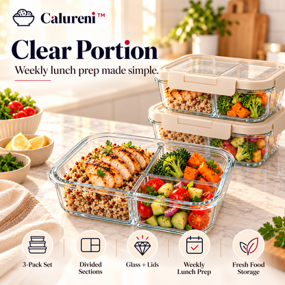 Calureni™ Clear Portion – 3-Pack Divided Glass Meal Prep Containers with Lids for Portioning, Weekly Lunches & Food Storage