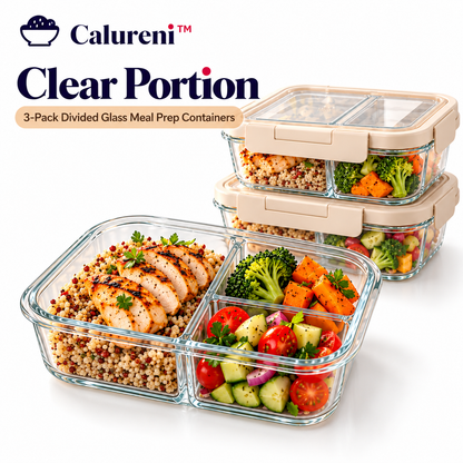 Calureni™ Clear Portion – 3-Pack Divided Glass Meal Prep Containers with Lids for Portioning, Weekly Lunches & Food Storage