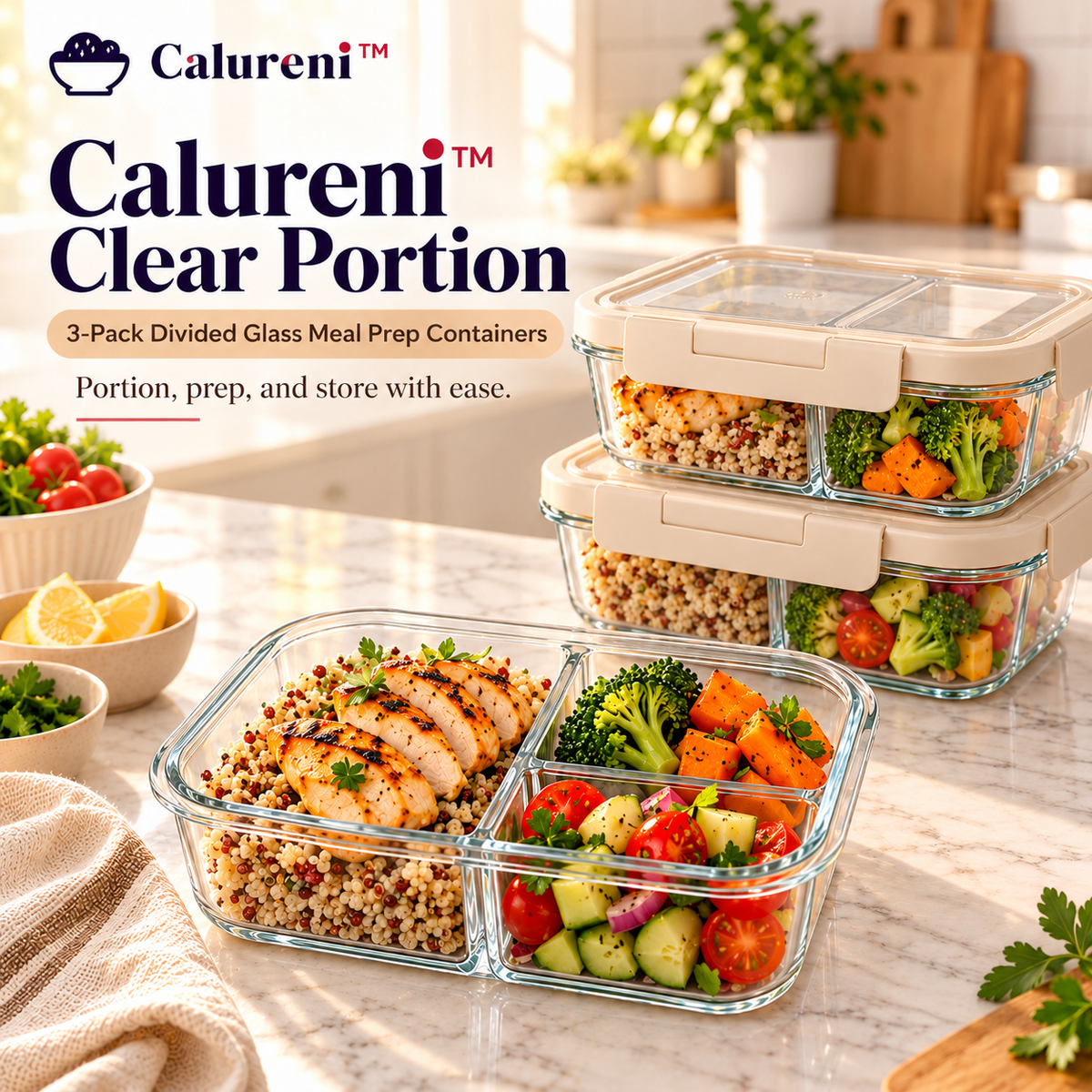 Calureni™ Clear Portion – 3-Pack Divided Glass Meal Prep Containers with Lids for Portioning, Weekly Lunches & Food Storage