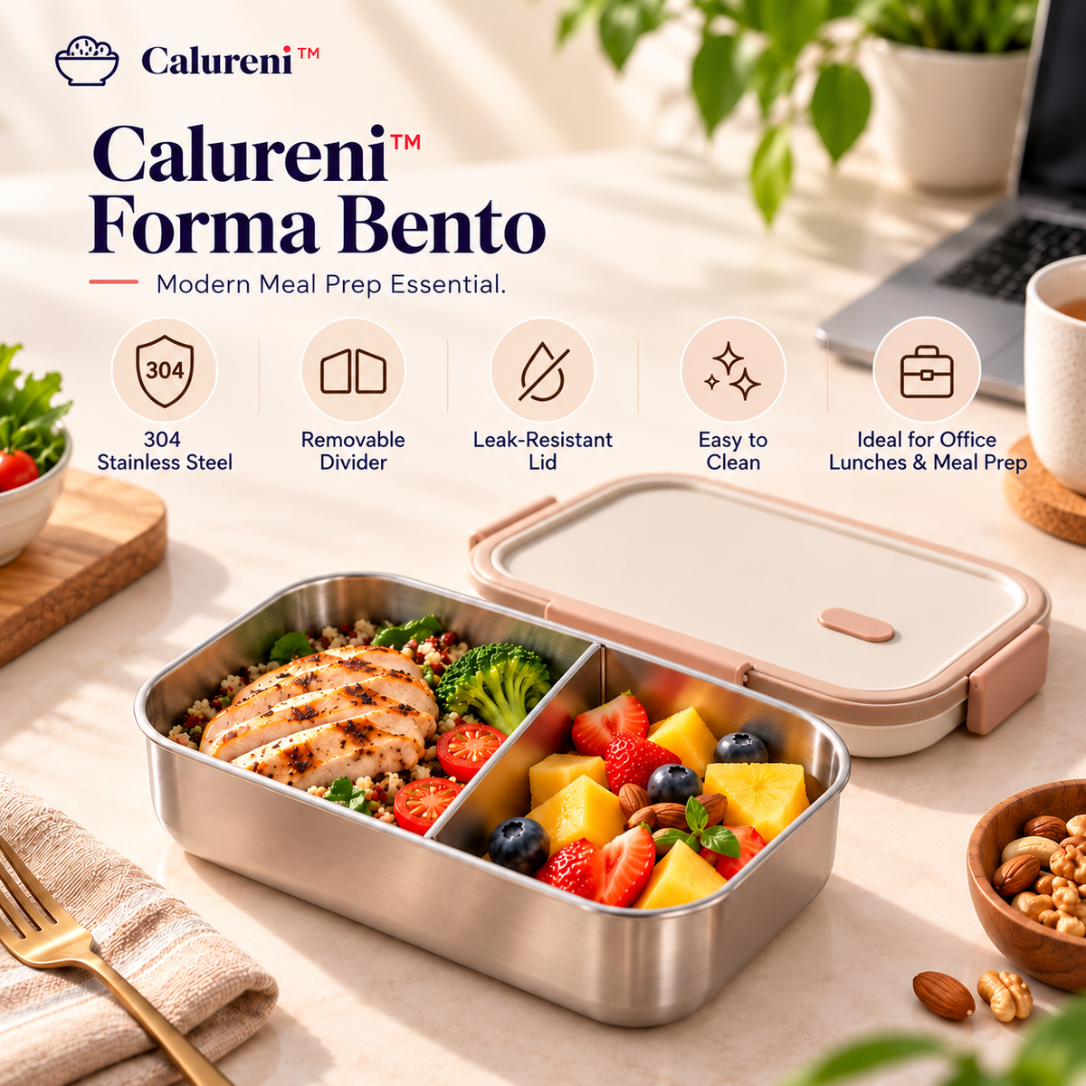 Calureni™ Forma Bento – Stainless Steel Bento Lunch Box with Removable Divider for Office Lunches & Everyday Meal Prep