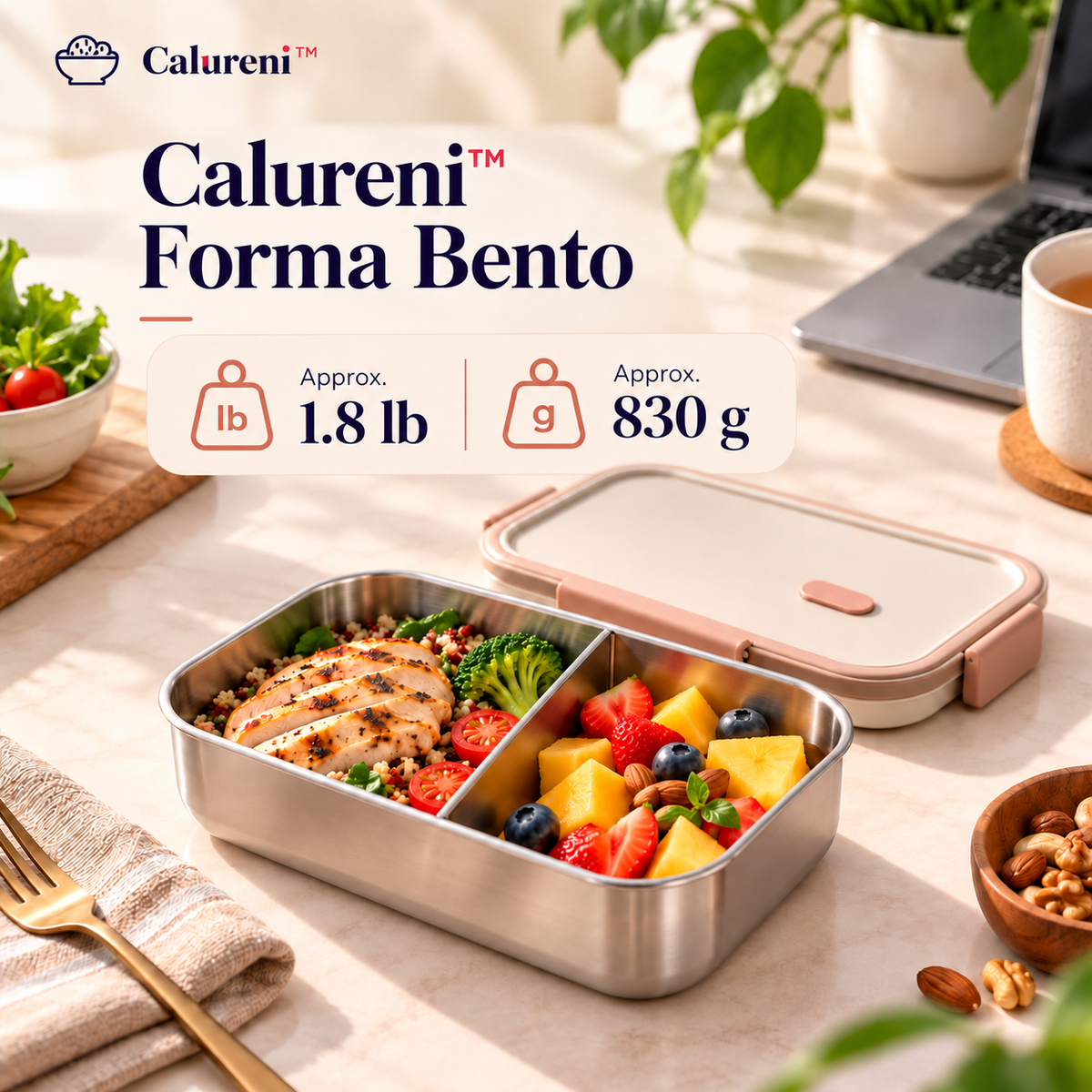 Calureni™ Forma Bento – Stainless Steel Bento Lunch Box with Removable Divider for Office Lunches & Everyday Meal Prep