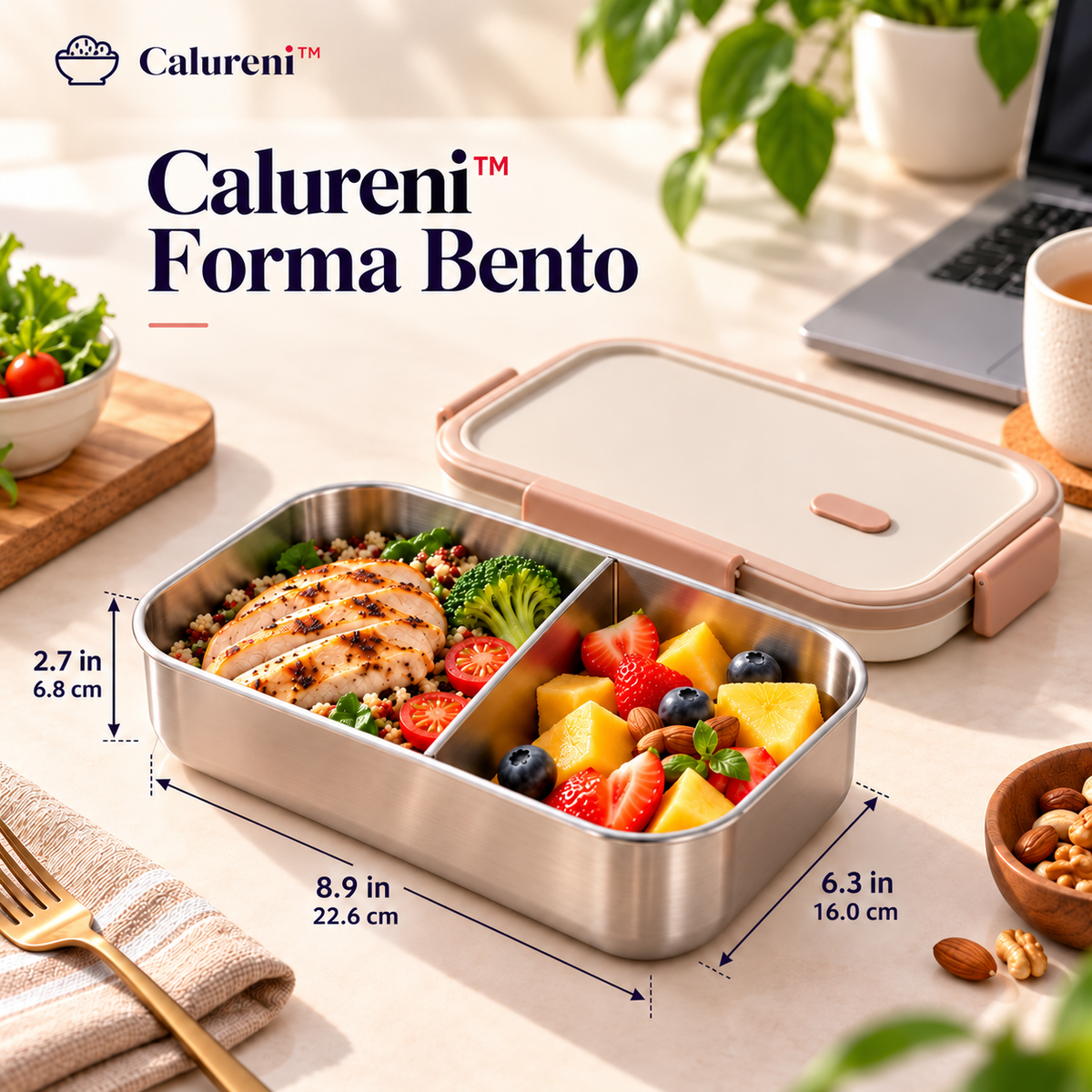 Calureni™ Forma Bento – Stainless Steel Bento Lunch Box with Removable Divider for Office Lunches & Everyday Meal Prep