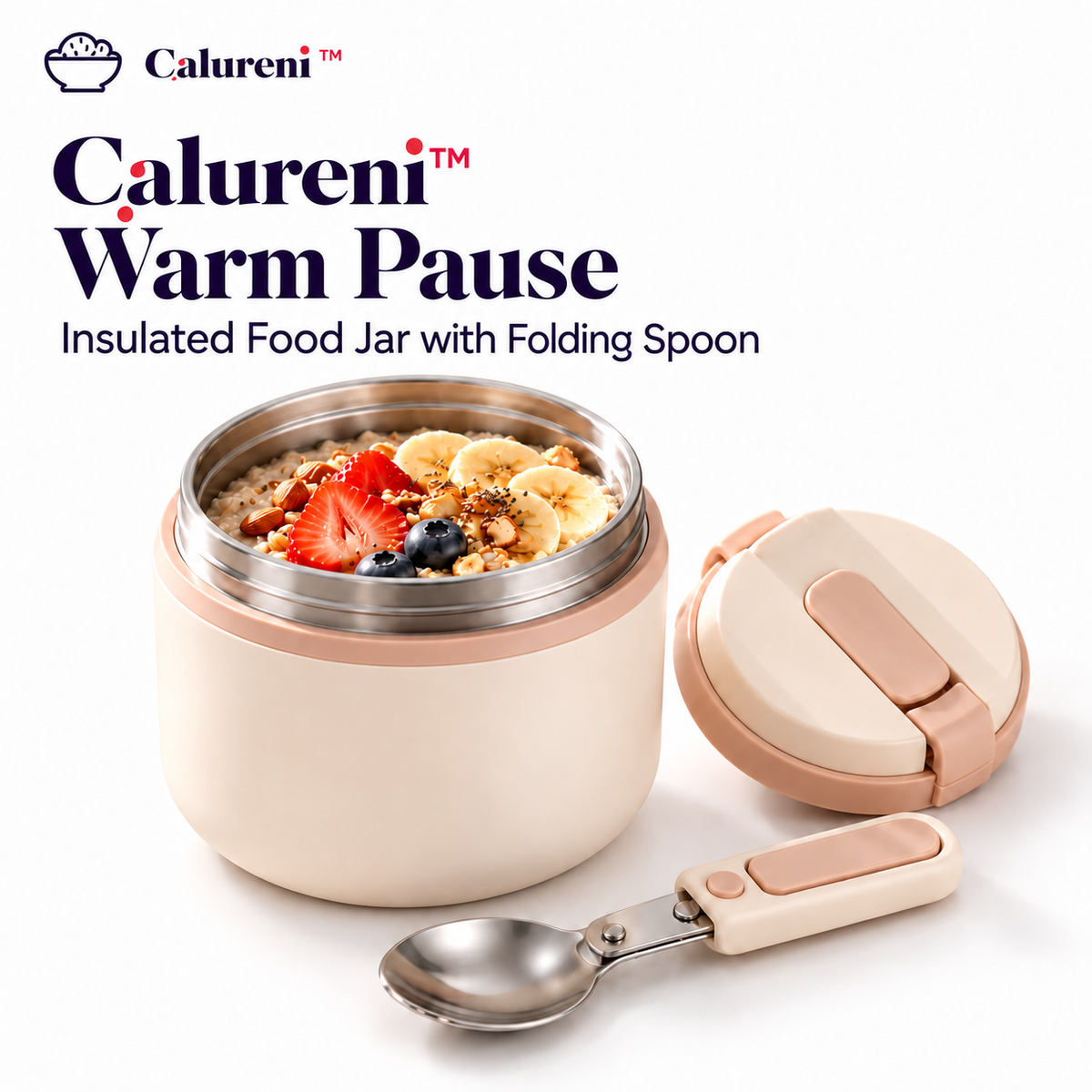Calureni™ Warm Pause – Insulated Stainless Steel Food Jar with Folding Spoon for Soup, Oatmeal & Lunch on the Go