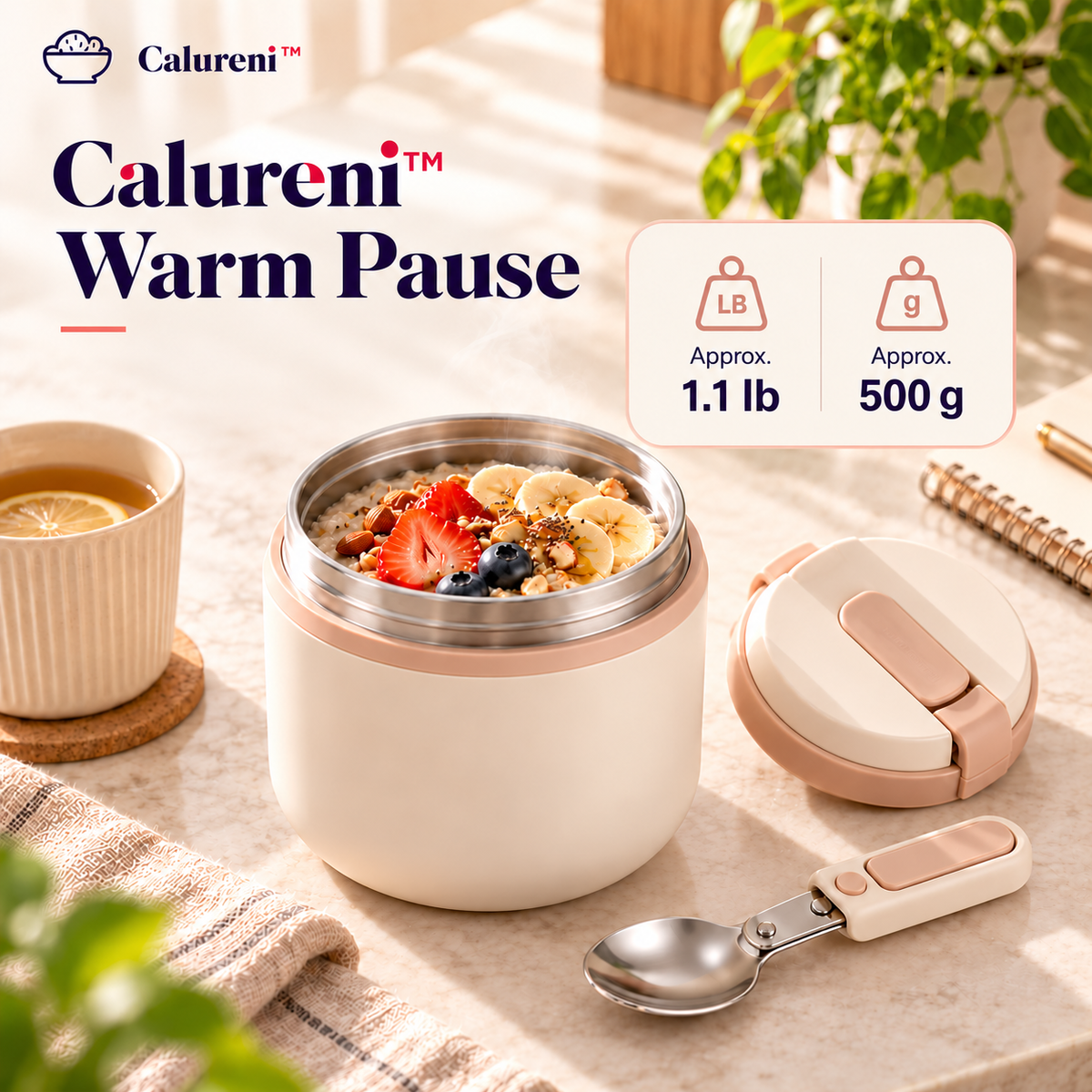 Calureni™ Warm Pause – Insulated Stainless Steel Food Jar with Folding Spoon for Soup, Oatmeal & Lunch on the Go