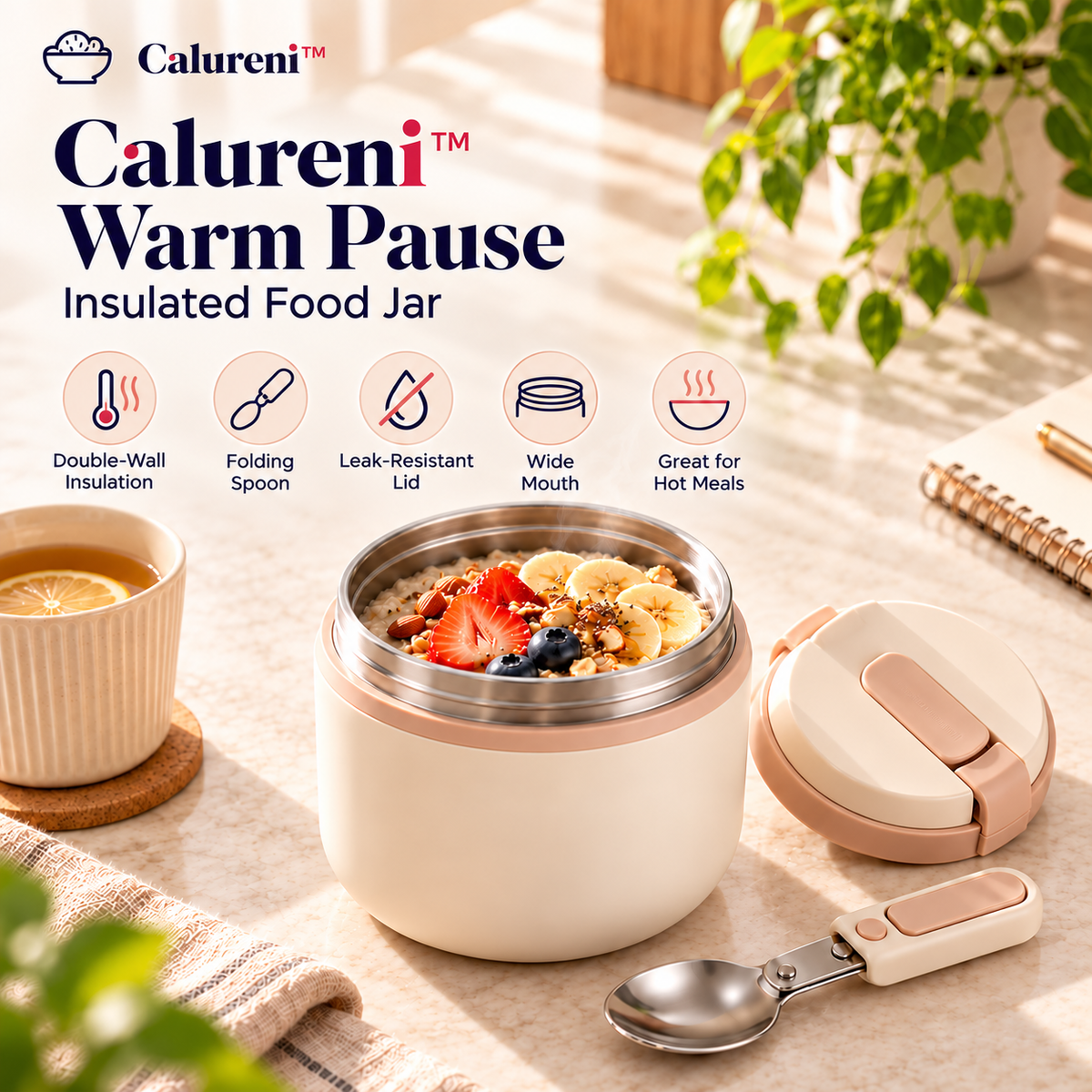 Calureni™ Warm Pause – Insulated Stainless Steel Food Jar with Folding Spoon for Soup, Oatmeal & Lunch on the Go