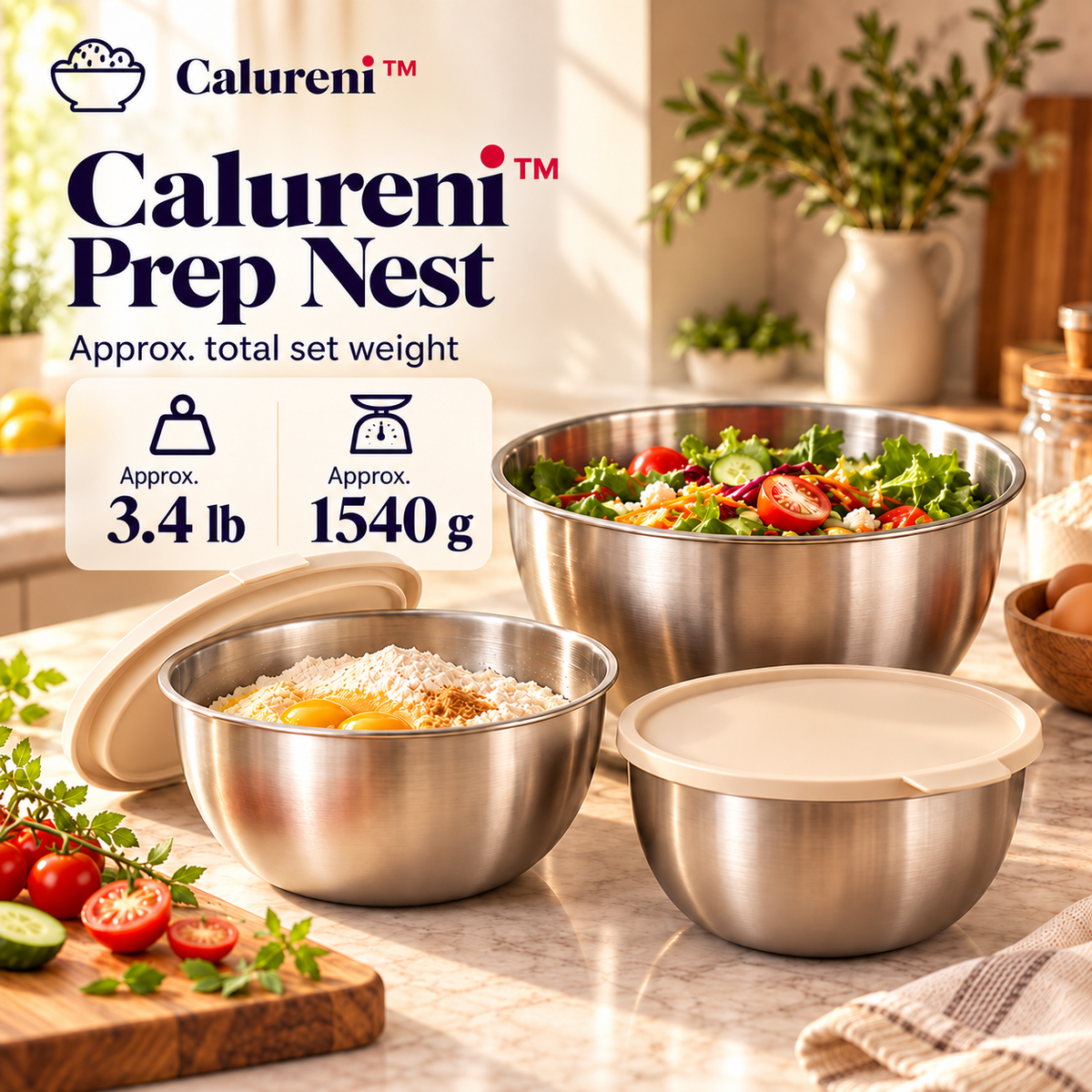 Calureni™ Prep Nest – 3-Piece Nesting Stainless Steel Mixing Bowl Set with Storage Lids for Salad Prep, Baking & Kitchen Organization