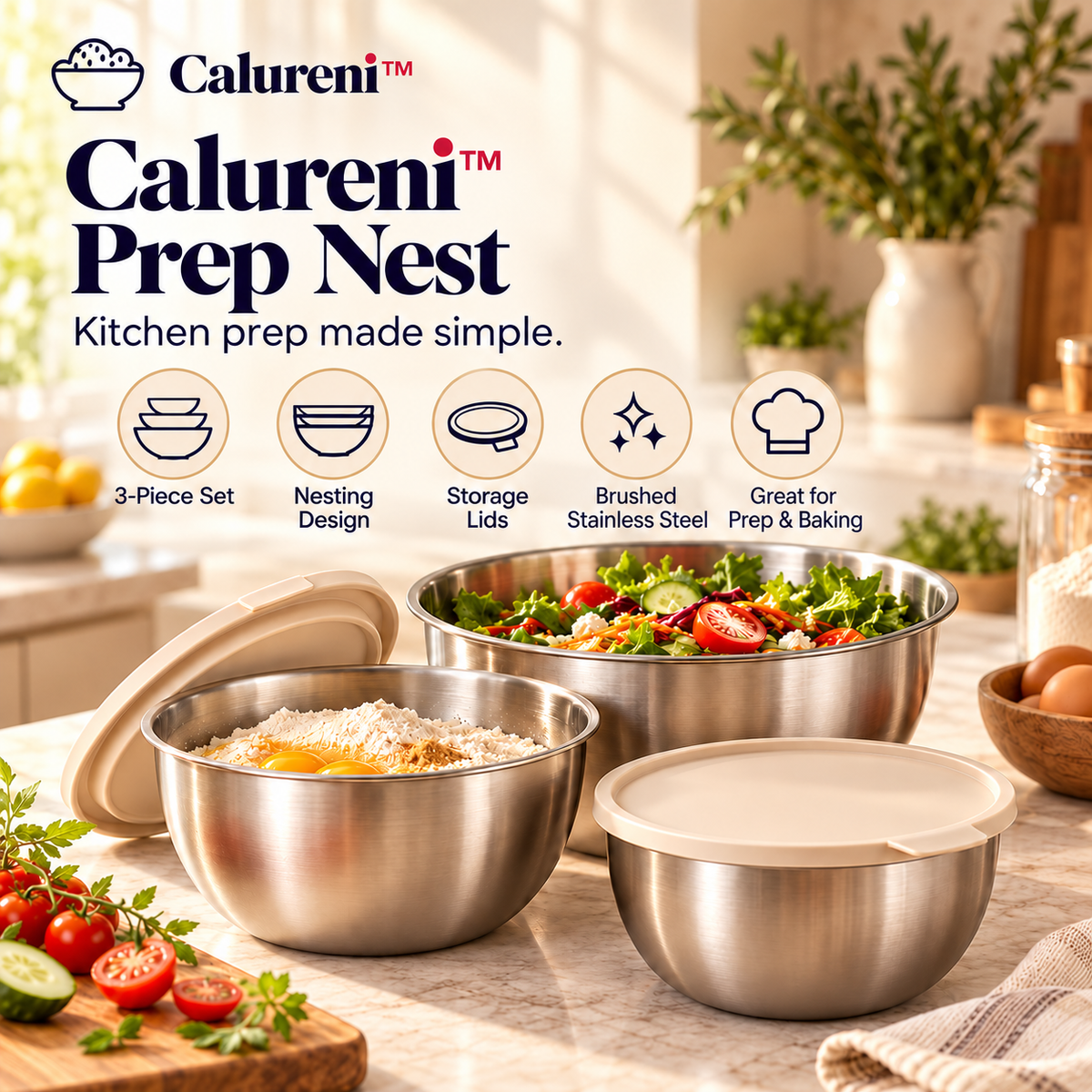Calureni™ Prep Nest – 3-Piece Nesting Stainless Steel Mixing Bowl Set with Storage Lids for Salad Prep, Baking & Kitchen Organization