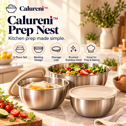 Calureni™ Prep Nest – 3-Piece Nesting Stainless Steel Mixing Bowl Set with Storage Lids for Salad Prep, Baking & Kitchen Organization