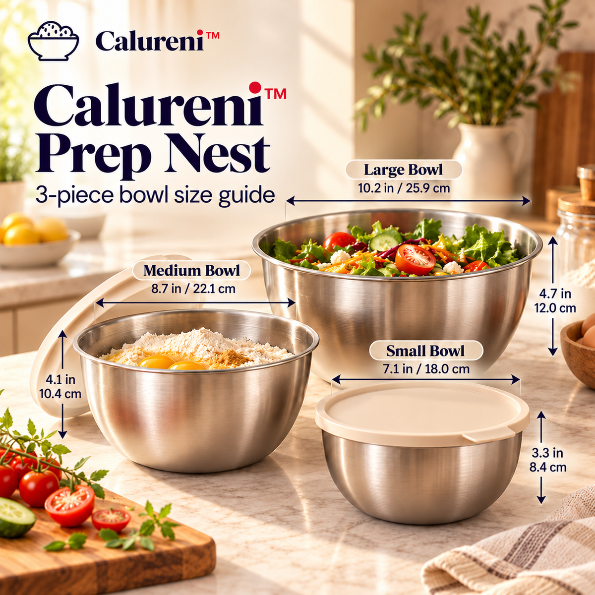 Calureni™ Prep Nest – 3-Piece Nesting Stainless Steel Mixing Bowl Set with Storage Lids for Salad Prep, Baking & Kitchen Organization