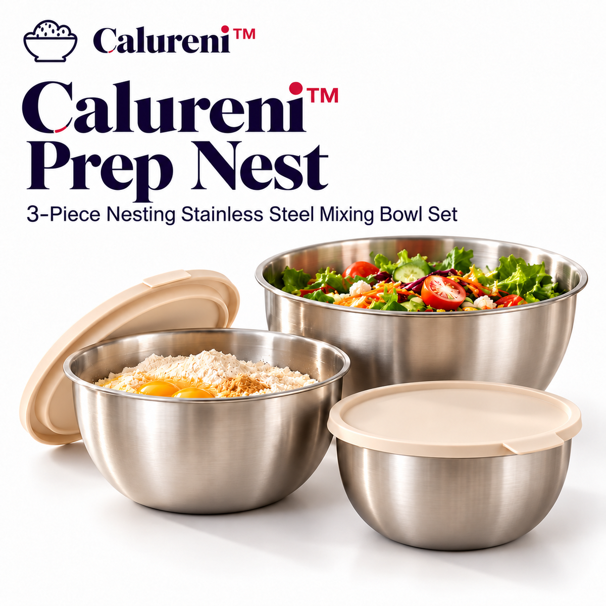 Calureni™ Prep Nest – 3-Piece Nesting Stainless Steel Mixing Bowl Set with Storage Lids for Salad Prep, Baking & Kitchen Organization