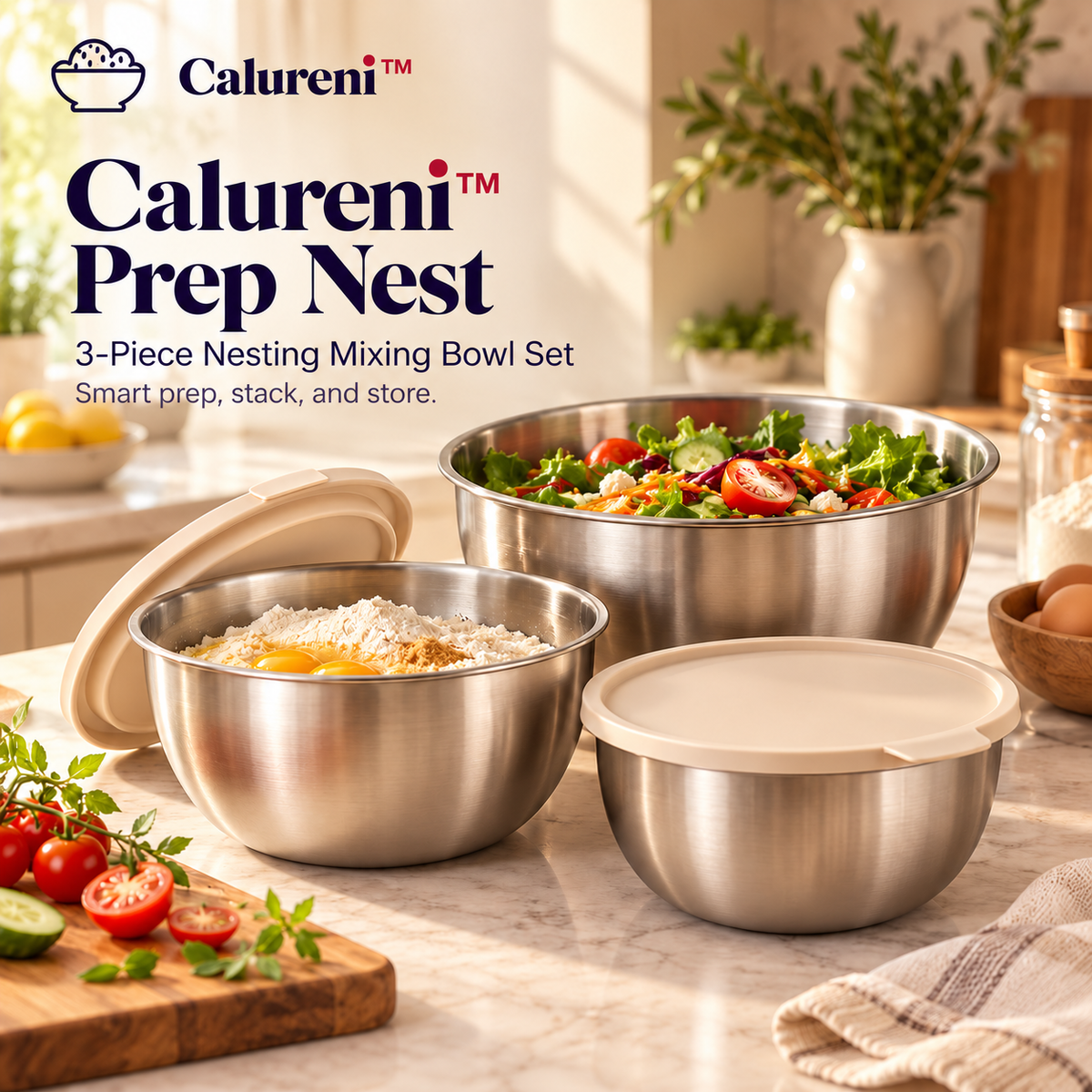 Calureni™ Prep Nest – 3-Piece Nesting Stainless Steel Mixing Bowl Set with Storage Lids for Salad Prep, Baking & Kitchen Organization