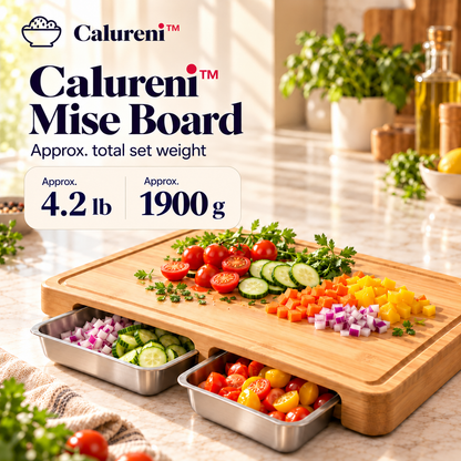 Calureni™ Mise Board – Bamboo Food Prep Cutting Board with 2 Removable Stainless Steel Ingredient Trays for Chopping & Meal Assembly