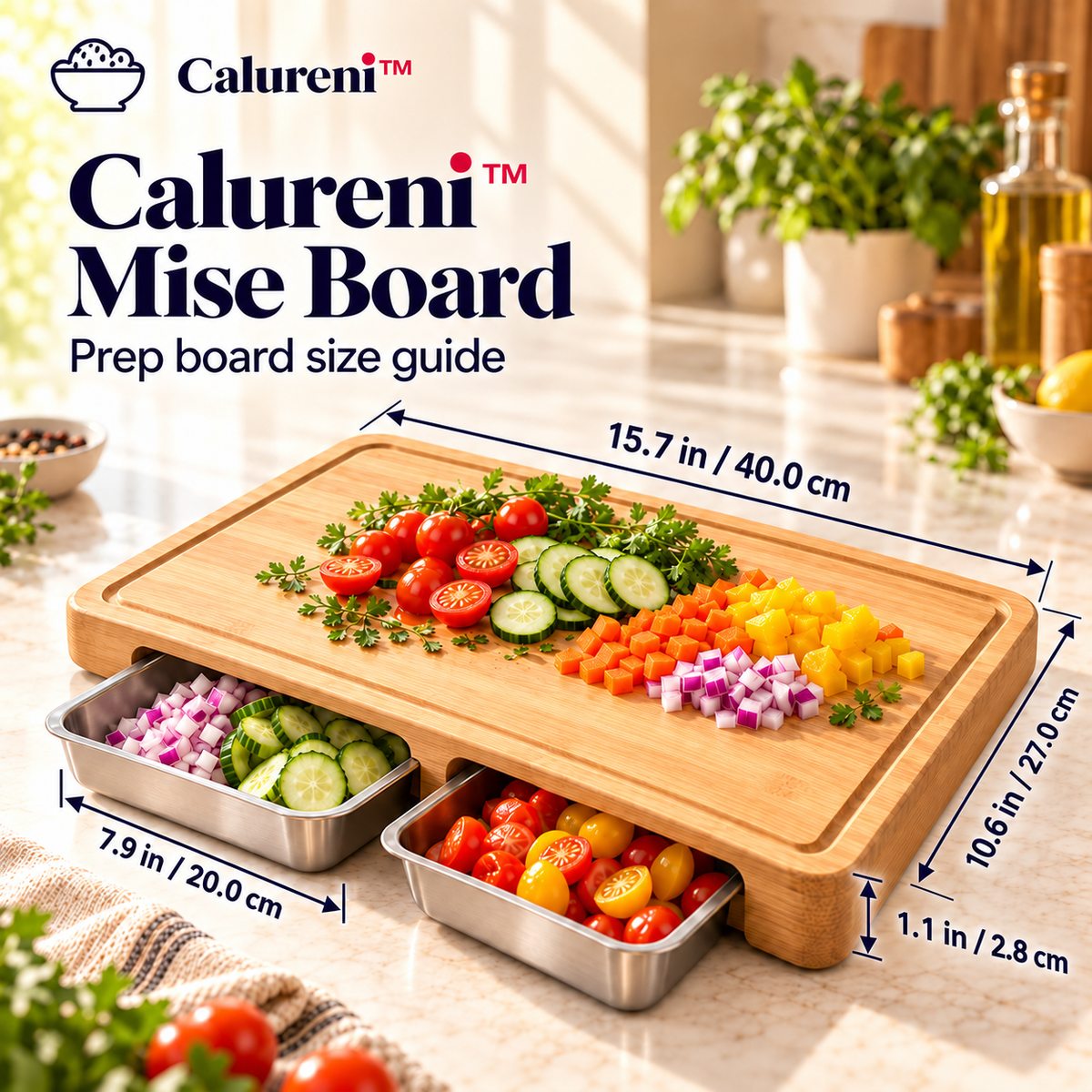 Calureni™ Mise Board – Bamboo Food Prep Cutting Board with 2 Removable Stainless Steel Ingredient Trays for Chopping & Meal Assembly