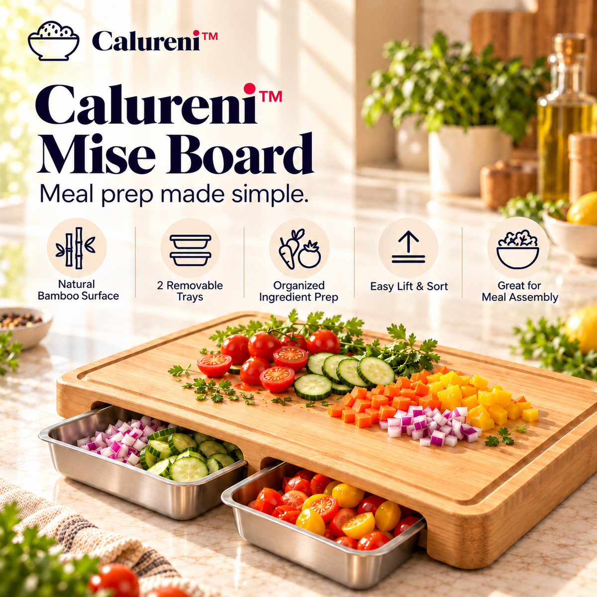 Calureni™ Mise Board – Bamboo Food Prep Cutting Board with 2 Removable Stainless Steel Ingredient Trays for Chopping & Meal Assembly