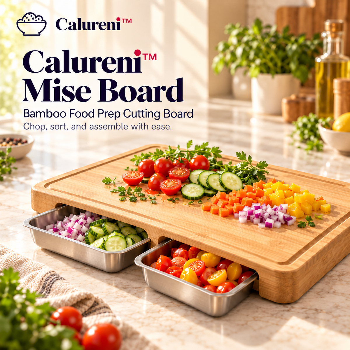Calureni™ Mise Board – Bamboo Food Prep Cutting Board with 2 Removable Stainless Steel Ingredient Trays for Chopping & Meal Assembly