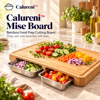 Calureni™ Mise Board – Bamboo Food Prep Cutting Board with 2 Removable Stainless Steel Ingredient Trays for Chopping & Meal Assembly