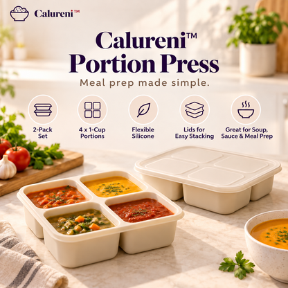 Calureni™ Portion Press – 2-Pack Silicone Freezer Trays with Lids, Four 1-Cup Portions per Tray, for Soup, Sauce & Meal Prep