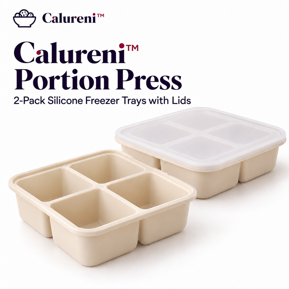 Calureni™ Portion Press – 2-Pack Silicone Freezer Trays with Lids, Four 1-Cup Portions per Tray, for Soup, Sauce & Meal Prep