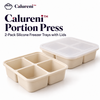Calureni™ Portion Press – 2-Pack Silicone Freezer Trays with Lids, Four 1-Cup Portions per Tray, for Soup, Sauce & Meal Prep
