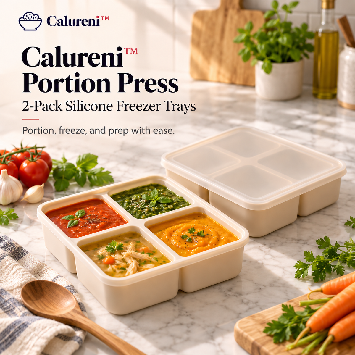 Calureni™ Portion Press – 2-Pack Silicone Freezer Trays with Lids, Four 1-Cup Portions per Tray, for Soup, Sauce & Meal Prep