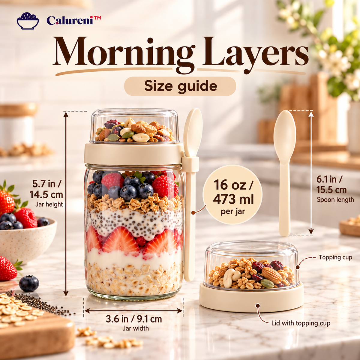 Calureni™ Morning Layers – 3-Pack 16 oz Glass Overnight Oats Jars with Topping Cups, Lids & Spoons for Breakfast Meal Prep