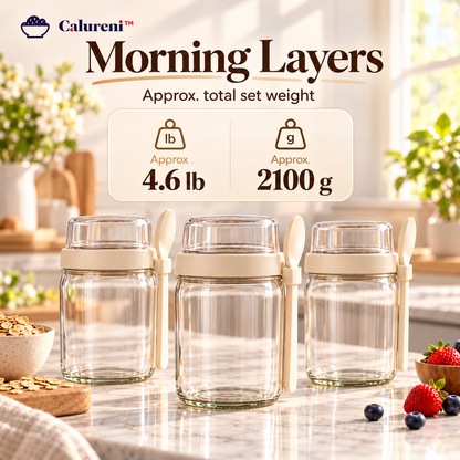 Calureni™ Morning Layers – 3-Pack 16 oz Glass Overnight Oats Jars with Topping Cups, Lids & Spoons for Breakfast Meal Prep