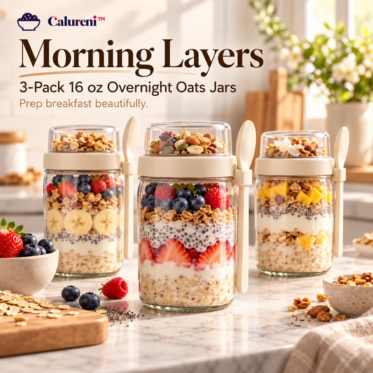Calureni™ Morning Layers – 3-Pack 16 oz Glass Overnight Oats Jars with Topping Cups, Lids & Spoons for Breakfast Meal Prep