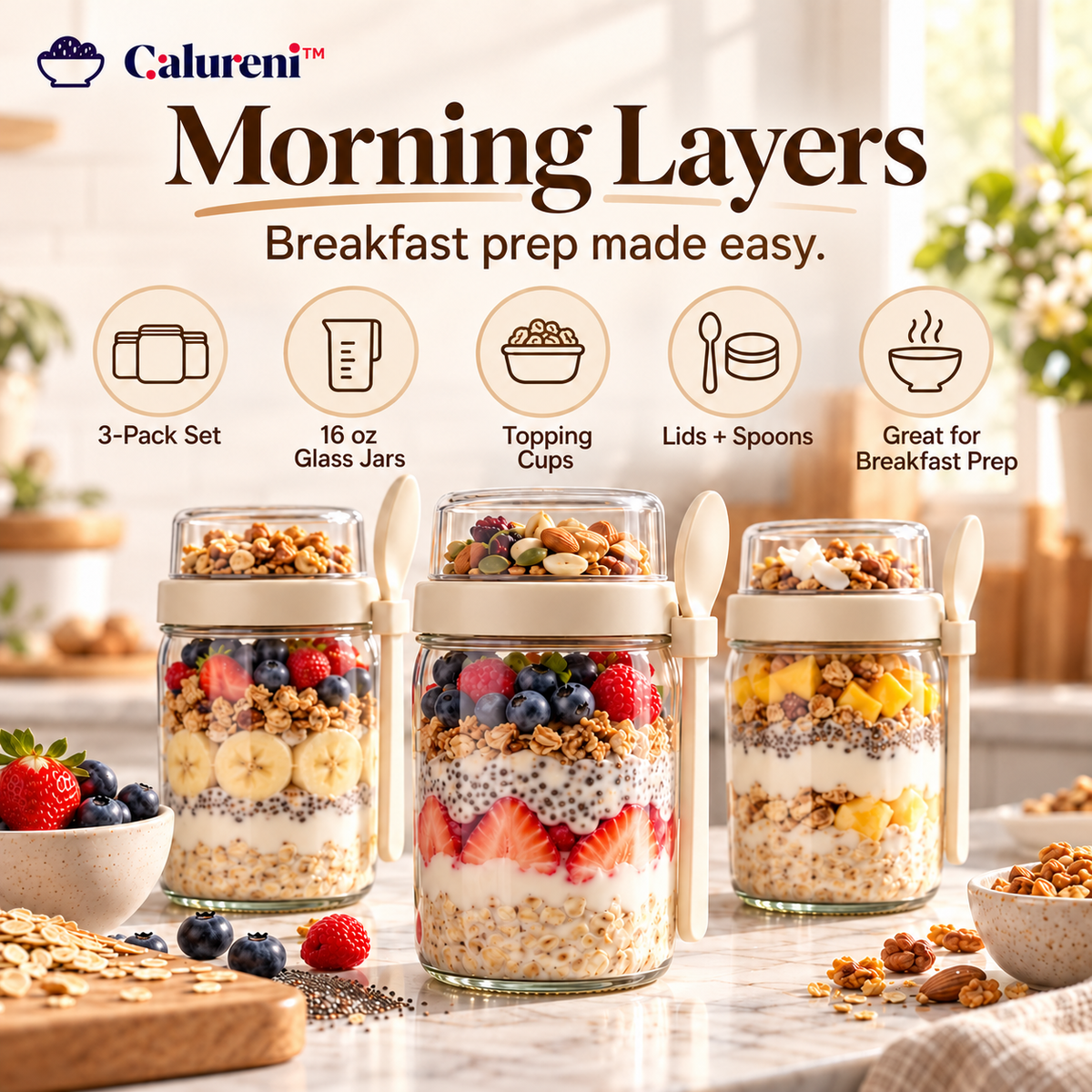Calureni™ Morning Layers – 3-Pack 16 oz Glass Overnight Oats Jars with Topping Cups, Lids & Spoons for Breakfast Meal Prep