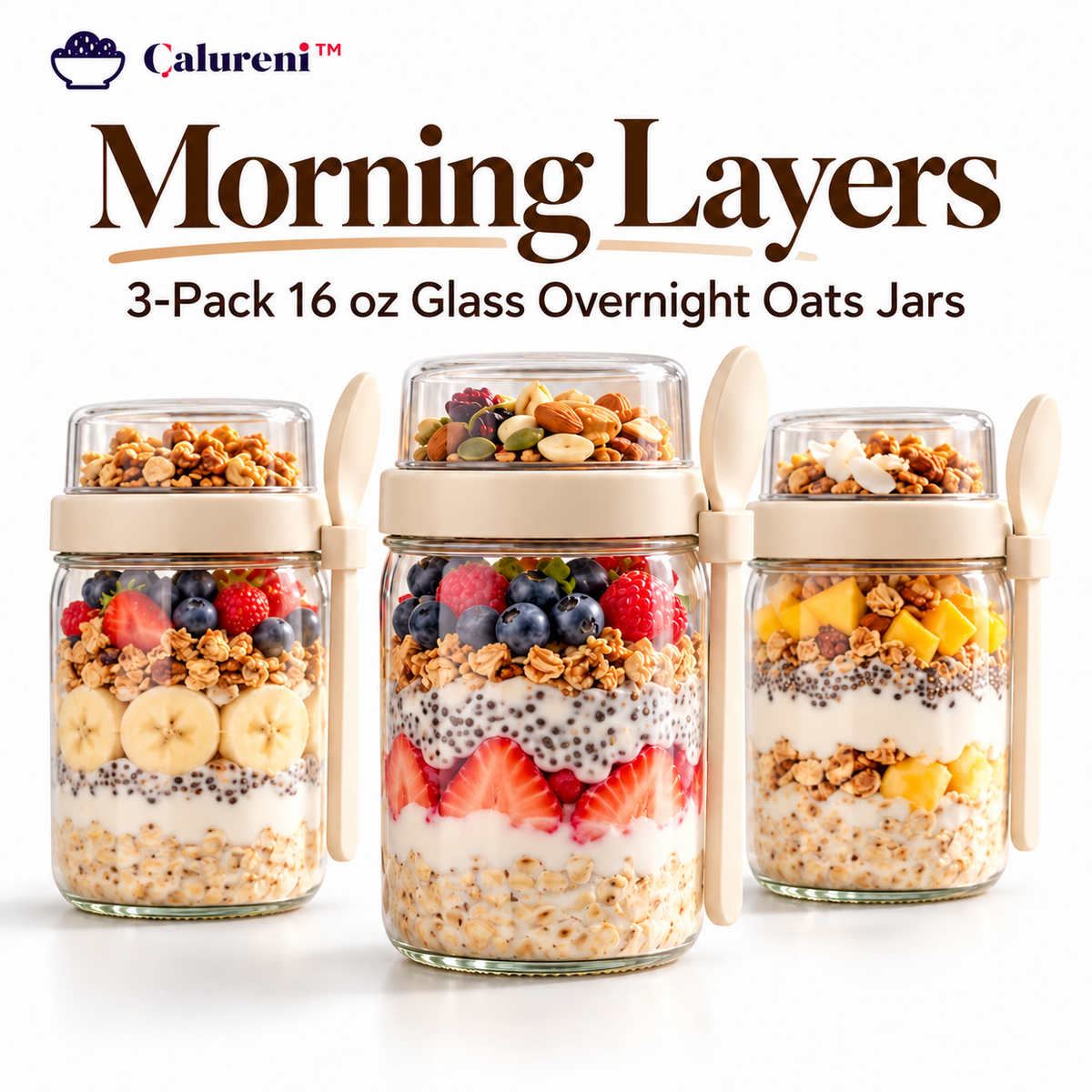 Calureni™ Morning Layers – 3-Pack 16 oz Glass Overnight Oats Jars with Topping Cups, Lids & Spoons for Breakfast Meal Prep
