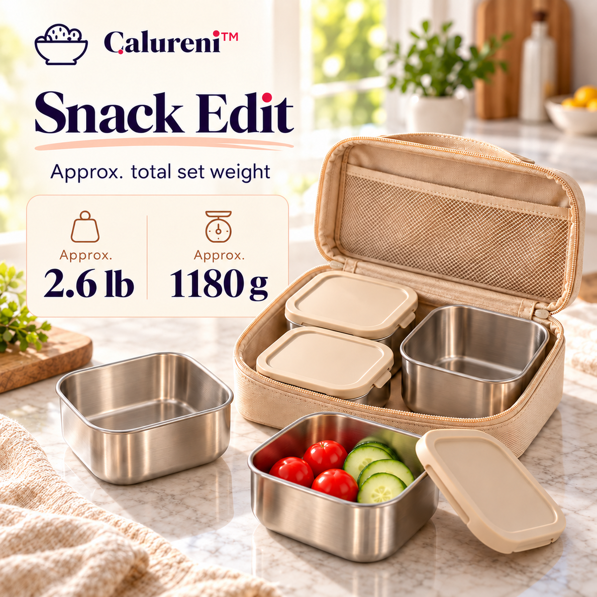 Calureni™ Snack Edit – Modular Stainless Steel Snack Container Set with Lids & Carrying Case for Fruit, Nuts & Workday Breaks