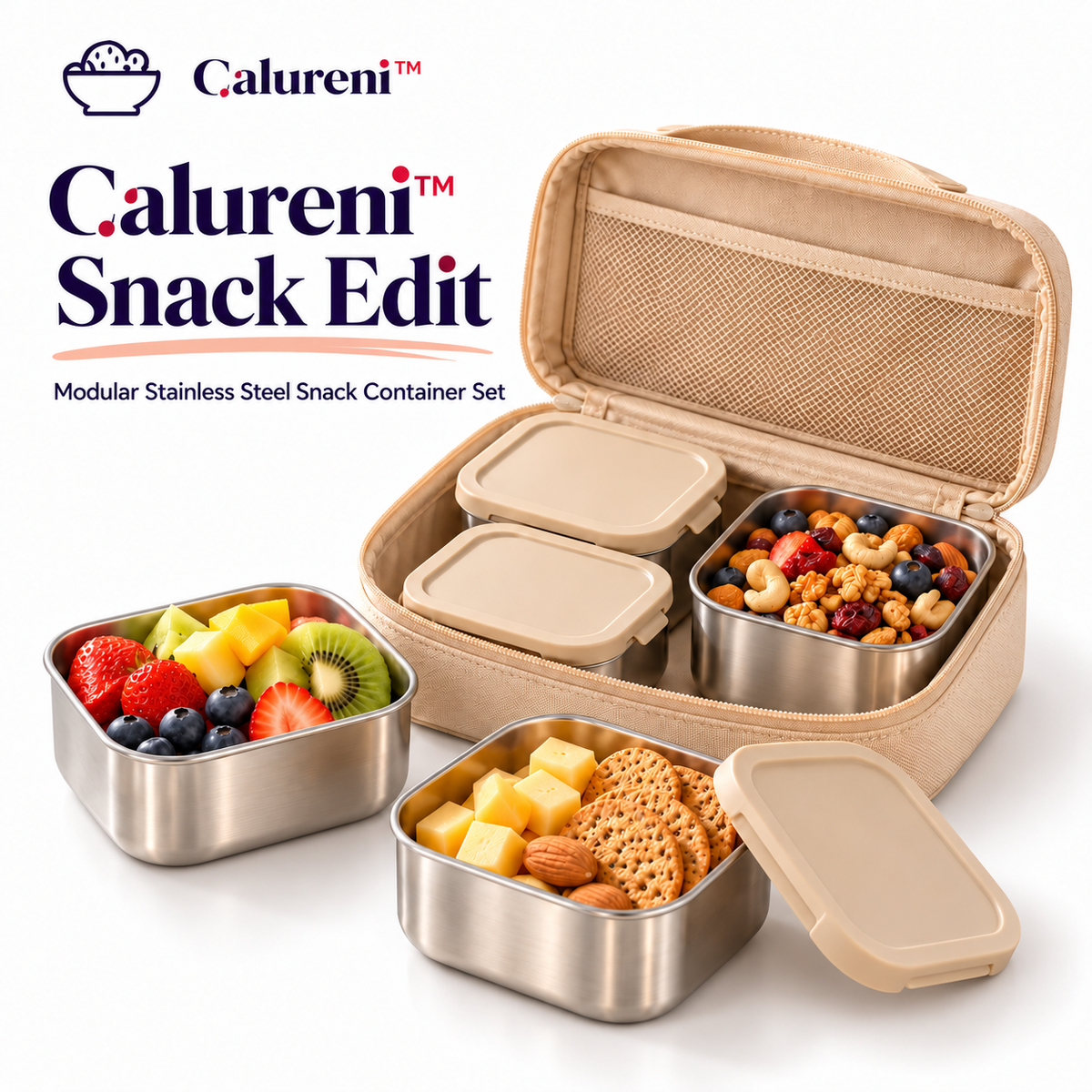 Calureni™ Snack Edit – Modular Stainless Steel Snack Container Set with Lids & Carrying Case for Fruit, Nuts & Workday Breaks