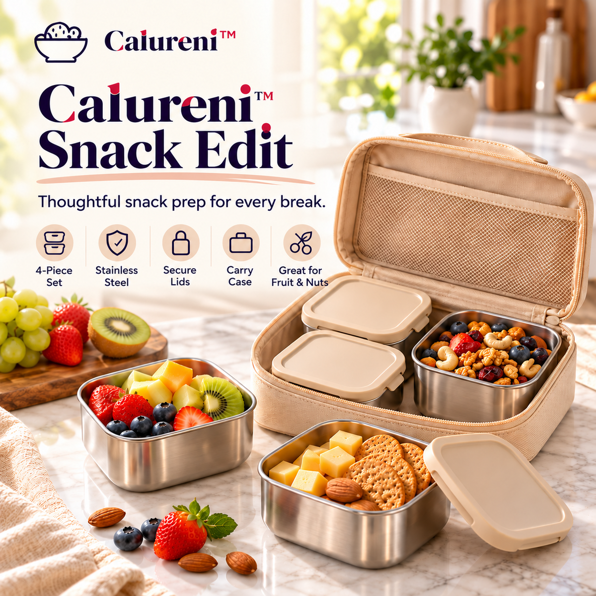 Calureni™ Snack Edit – Modular Stainless Steel Snack Container Set with Lids & Carrying Case for Fruit, Nuts & Workday Breaks