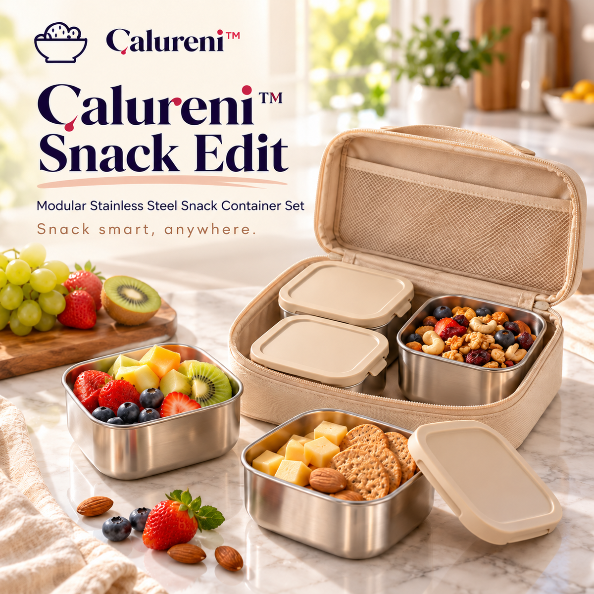Calureni™ Snack Edit – Modular Stainless Steel Snack Container Set with Lids & Carrying Case for Fruit, Nuts & Workday Breaks