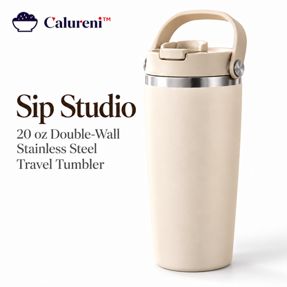 Calureni™ Sip Studio – 20 oz Double-Wall Stainless Steel Travel Tumbler with Carry Handle & Lid for Coffee, Tea & Daily Commutes