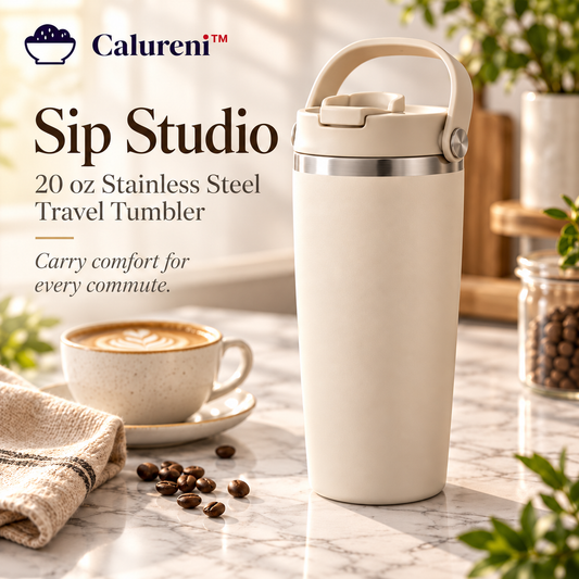 Calureni™ Sip Studio – 20 oz Double-Wall Stainless Steel Travel Tumbler with Carry Handle & Lid for Coffee, Tea & Daily Commutes
