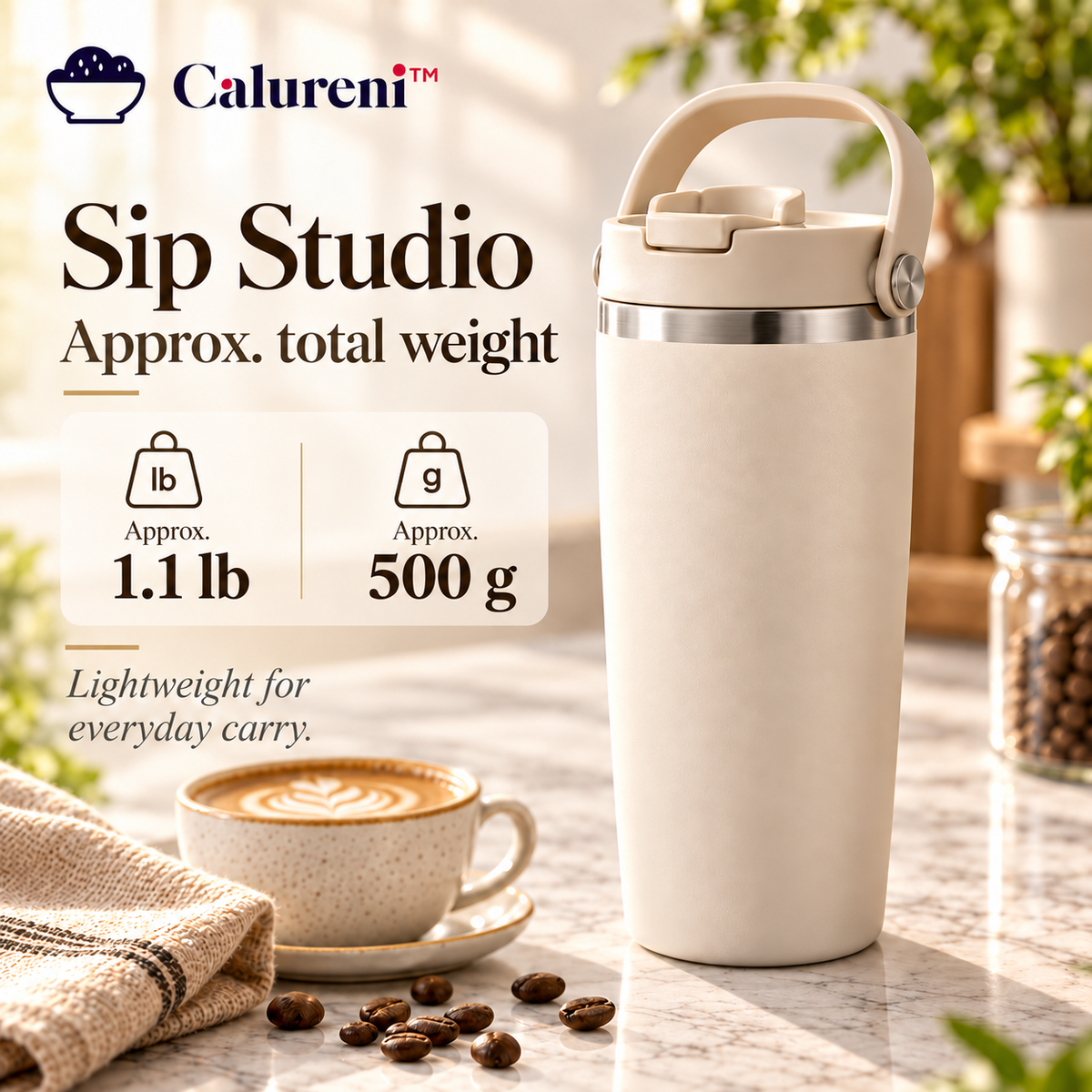 Calureni™ Sip Studio – 20 oz Double-Wall Stainless Steel Travel Tumbler with Carry Handle & Lid for Coffee, Tea & Daily Commutes