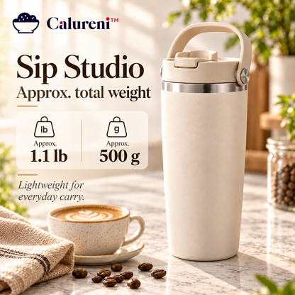 Calureni™ Sip Studio – 20 oz Double-Wall Stainless Steel Travel Tumbler with Carry Handle & Lid for Coffee, Tea & Daily Commutes