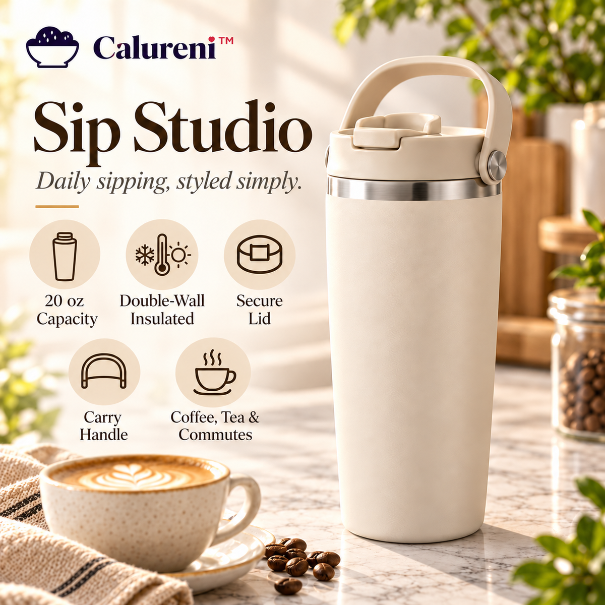 Calureni™ Sip Studio – 20 oz Double-Wall Stainless Steel Travel Tumbler with Carry Handle & Lid for Coffee, Tea & Daily Commutes