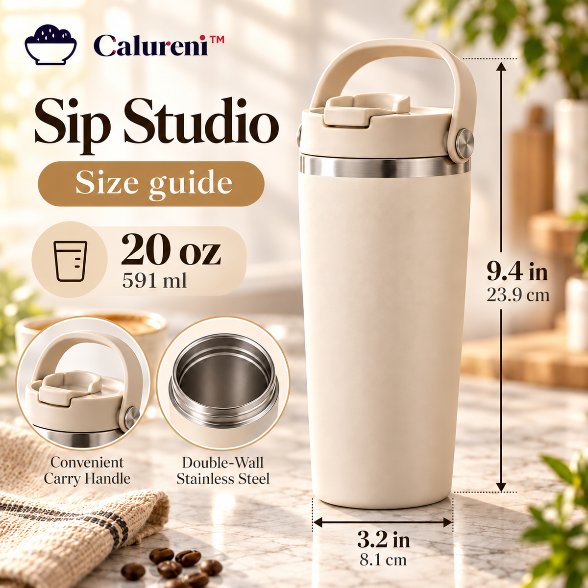 Calureni™ Sip Studio – 20 oz Double-Wall Stainless Steel Travel Tumbler with Carry Handle & Lid for Coffee, Tea & Daily Commutes