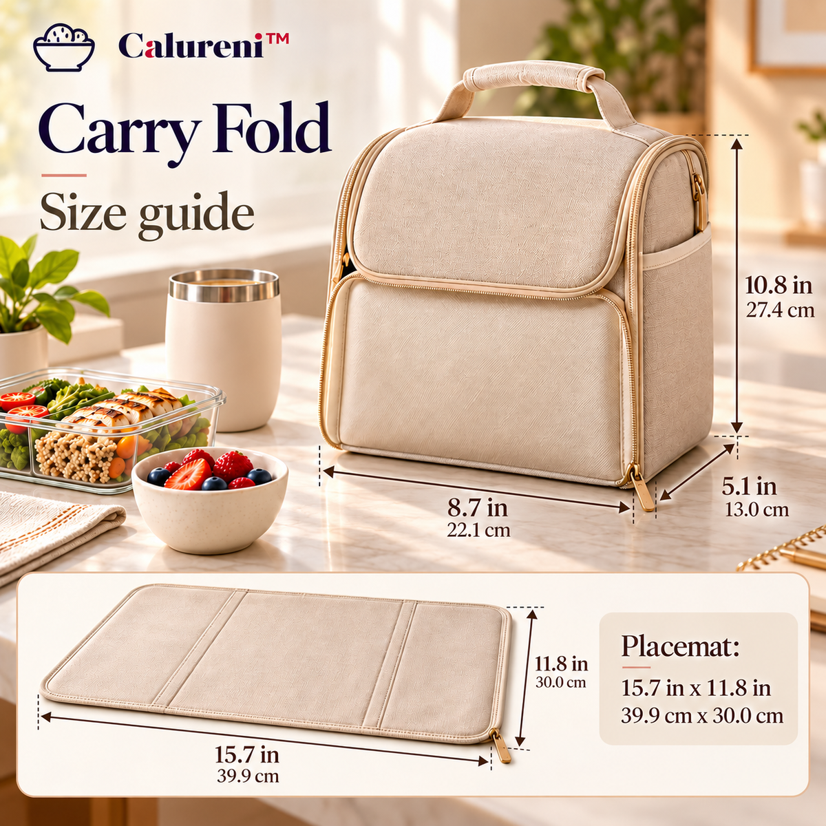 Calureni™ Carry Fold – Convertible Lunch Bag with Fold-Out Placemat for Desk Lunches, Office Meals & Everyday Travel