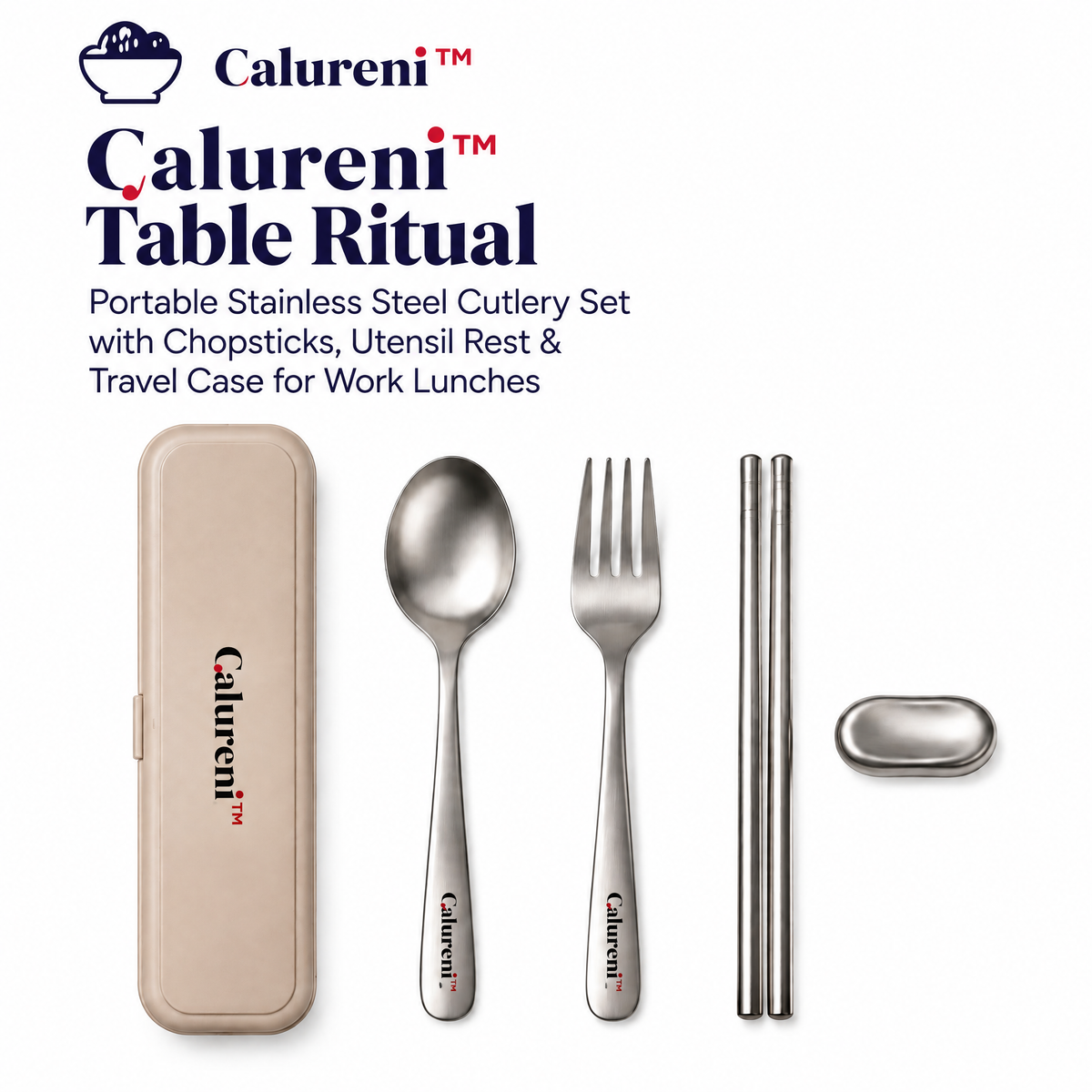 Calureni™ Table Ritual – Portable Stainless Steel Cutlery Set with Chopsticks, Utensil Rest & Travel Case for Work Lunches