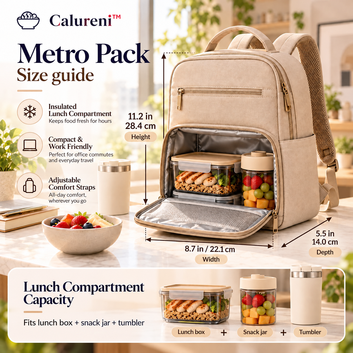 Calureni™ Metro Pack – Compact Insulated Lunch Backpack with Adjustable Straps for Office Commutes, Work & Everyday Travel