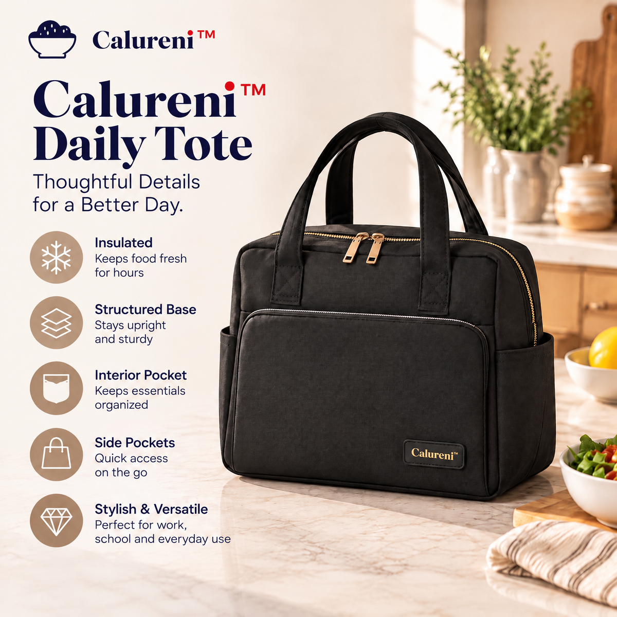Calureni™ Daily Tote – Insulated Lunch Tote with Structured Base & Interior Pocket for Office Commutes and Everyday Carry