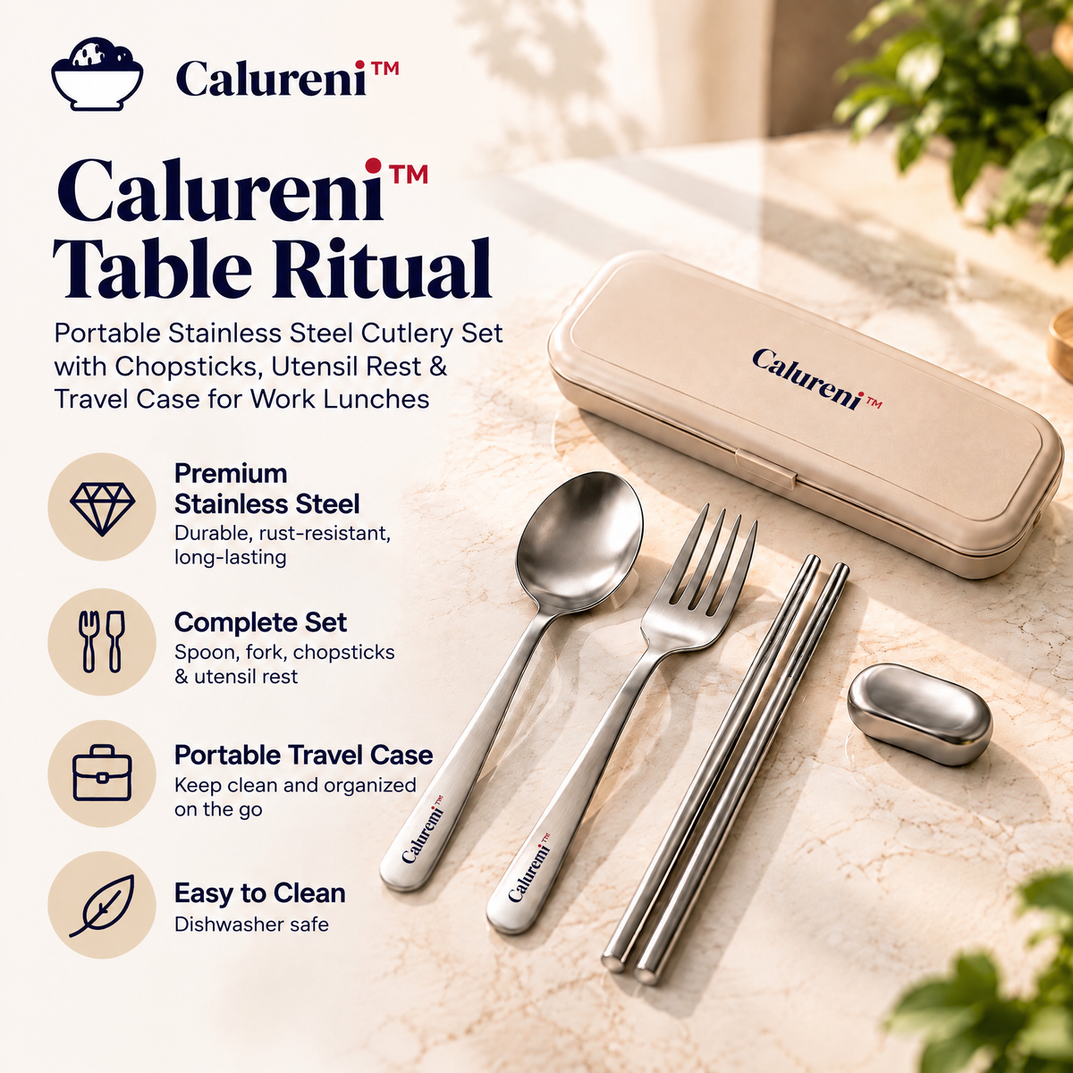 Calureni™ Table Ritual – Portable Stainless Steel Cutlery Set with Chopsticks, Utensil Rest & Travel Case for Work Lunches