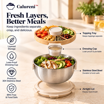 Calureni™ Garden Bowl – Layered Salad Lunch Container with Topping Tray & Dressing Cup for Office Lunches and Meal Prep