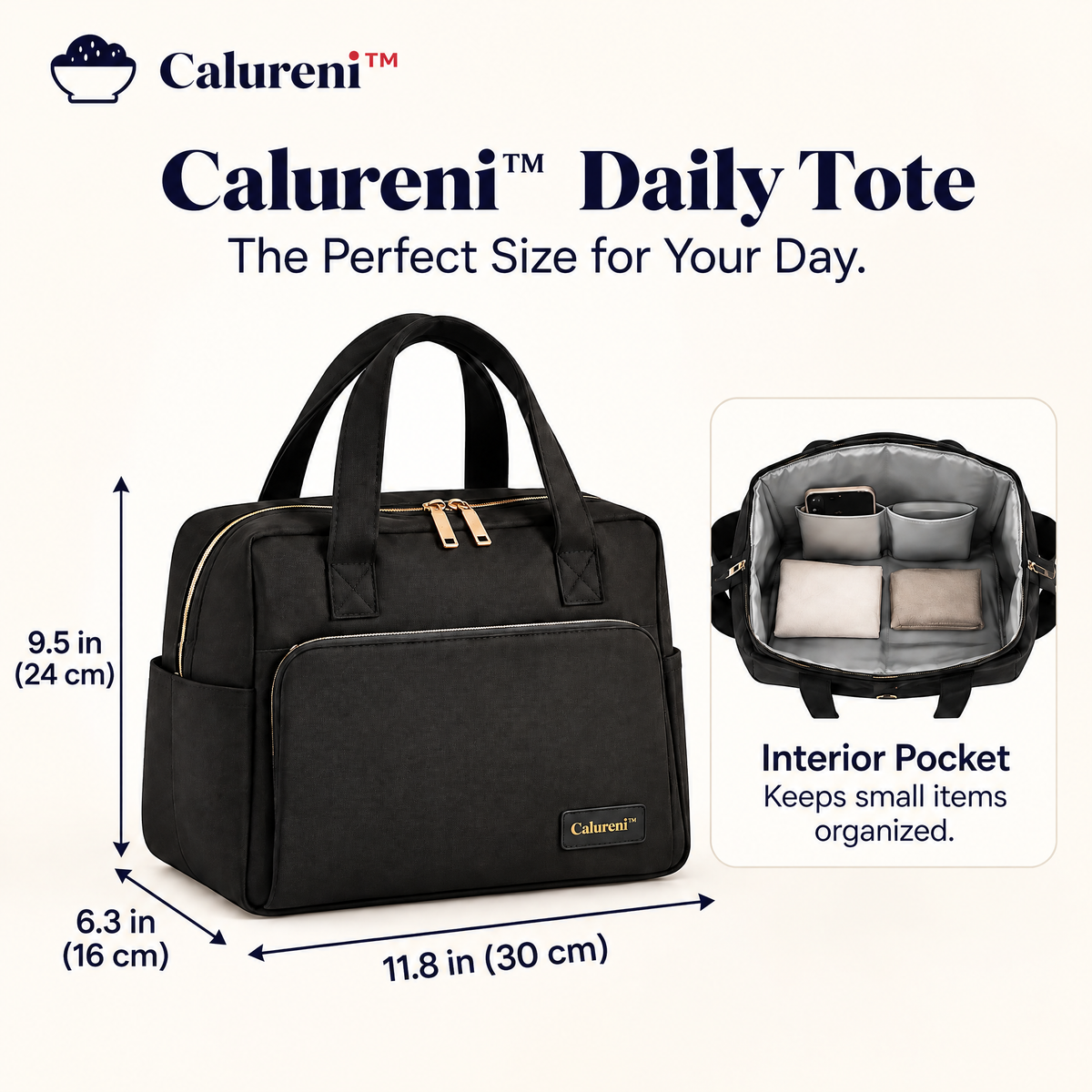 Calureni™ Daily Tote – Insulated Lunch Tote with Structured Base & Interior Pocket for Office Commutes and Everyday Carry